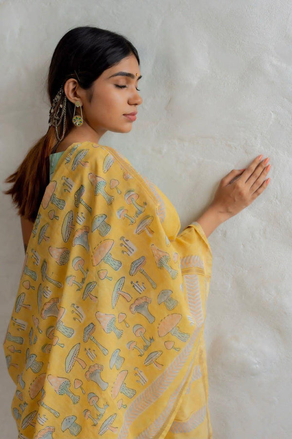 Mustard Yellow Linen Saree with Mushroom Print & Striped Pallu | Printed Linen Saree for Women