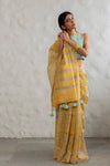 Mustard Yellow Linen Saree with Mushroom Print & Striped Pallu | Printed Linen Saree for Women