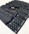 Black Floral Printed Linen Saree with Striped Pallu & Border | Elegant Linen Saree for Women