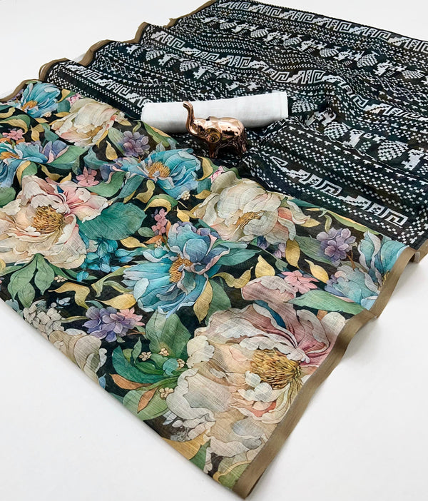 Black Floral Printed Linen Saree with Designer Border | Elegant Linen Saree for Women