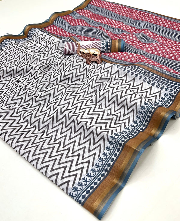 White Printed Linen Saree with Zigzag Pattern & Striped Pallu | Designer Linen Saree for Women