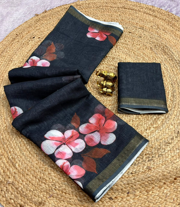 Floral Printed Linen Saree for Women | Elegant Lightweight Designer Saree