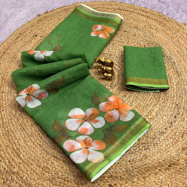 Floral Printed Linen Saree for Women | Elegant Lightweight Designer Saree