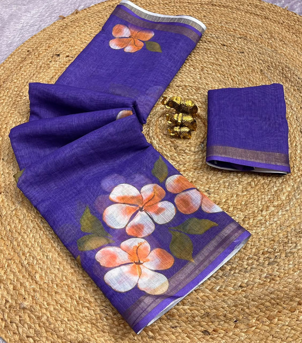 Floral Printed Linen Saree for Women | Elegant Lightweight Designer Saree