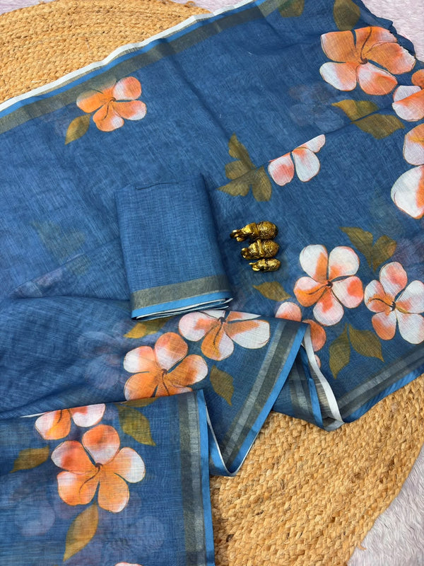Floral Printed Linen Saree for Women | Elegant Lightweight Designer Saree