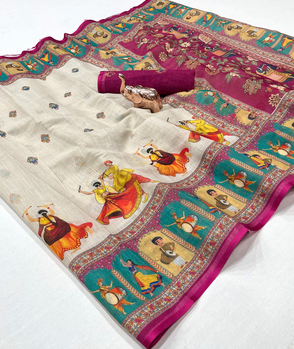 Printed Linen Saree for Women | Kalamkari & Ethnic Art Print Linen Saree with Designer Border