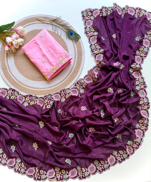 Chinnon Saree for Women | Elegant Embroidered Saree with Designer Floral Lace Border