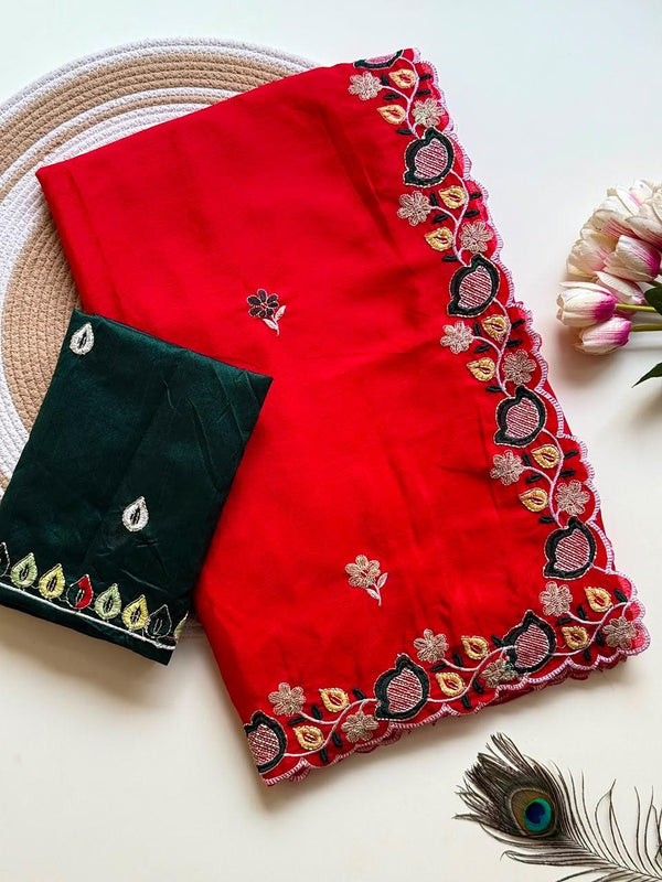 Chinnon Saree for Women | Elegant Embroidered Saree with Designer Floral Lace Border