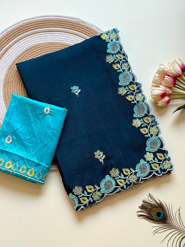 Chinnon Saree for Women | Elegant Embroidered Saree with Designer Floral Lace Border