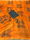 Printed Linen Saree for Women | Traditional Bird Motif Linen Saree with Contrast Blouse | Festive & Ethnic Wear