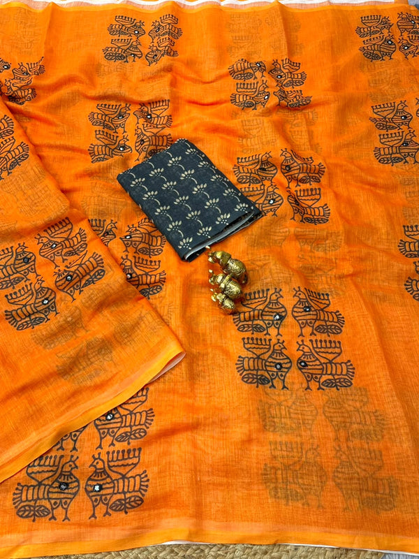 Printed Linen Saree for Women | Traditional Warli Motif Designer Saree