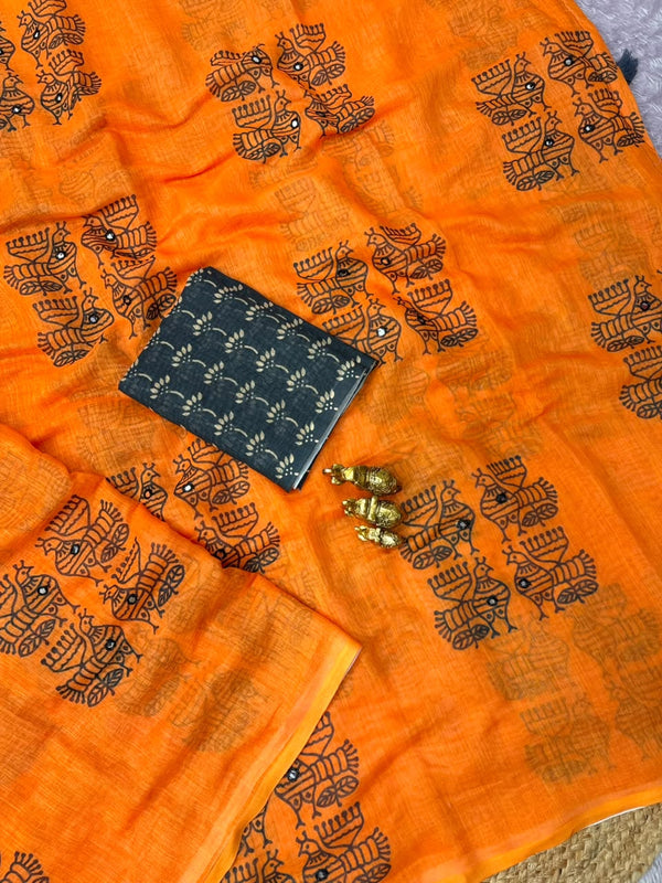 Printed Linen Saree for Women | Traditional Warli Motif Designer Saree