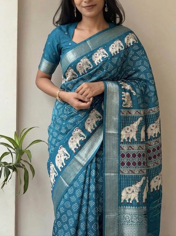 Chinnon Silk Printed Saree for Women | Elephant Print with Designer Zari Border