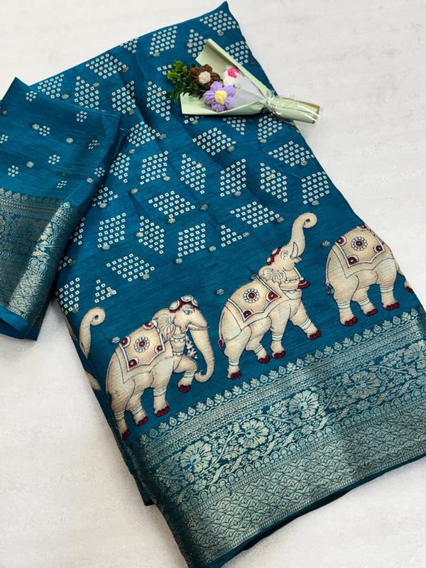 Chinnon Silk Printed Saree for Women | Elephant Print with Designer Zari Border
