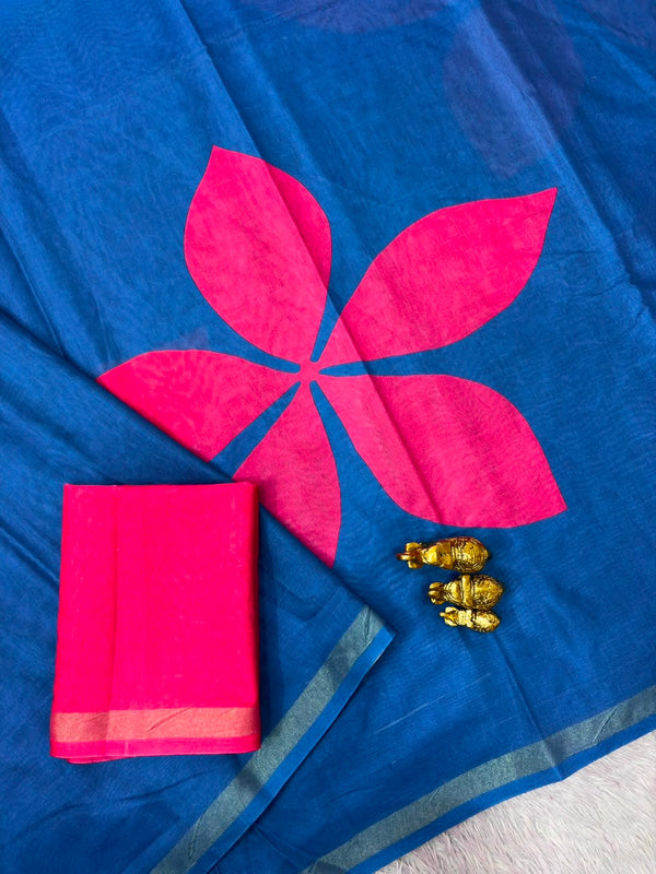Printed Cotton Saree for Women | Floral Motif Saree with Contrast Border