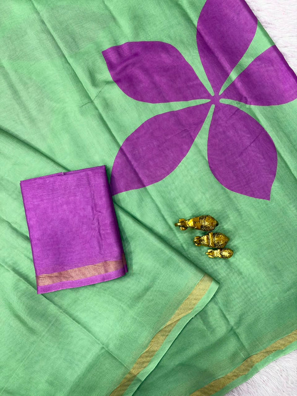 Printed Cotton Saree for Women | Floral Motif Saree with Contrast Border
