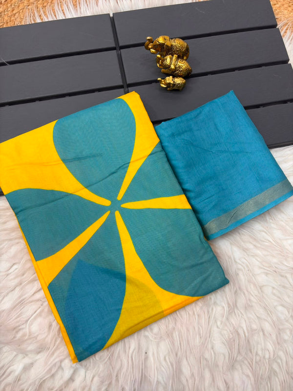 Printed Cotton Saree for Women | Floral Motif Saree with Contrast Border