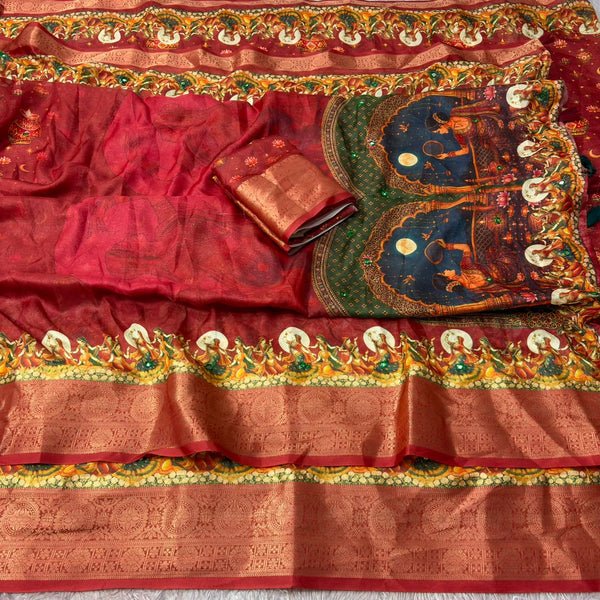 Dola Silk Saree for Karwa Chauth | Traditional Festive Saree with Designer Border & Ethnic Print