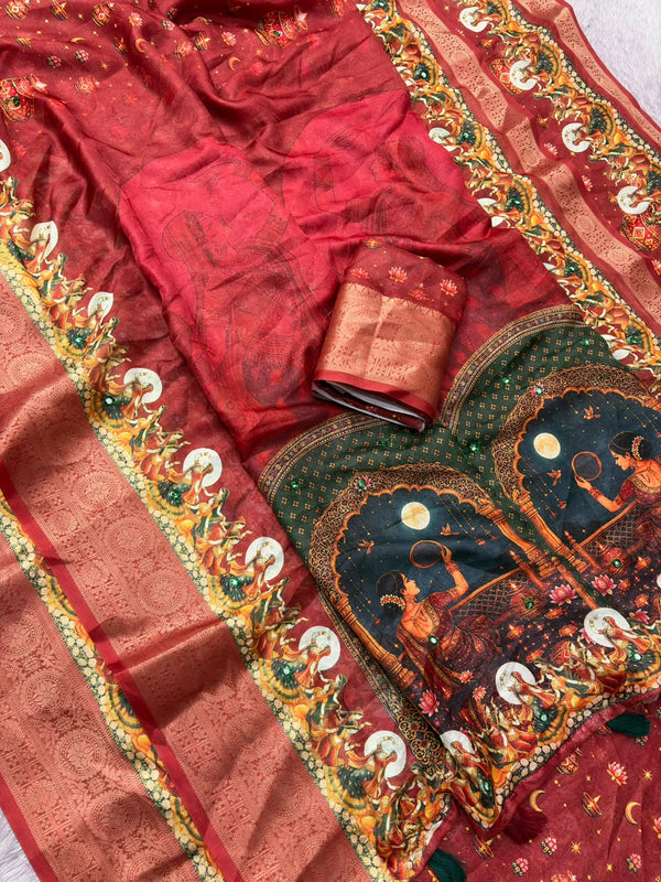 Dola Silk Saree for Karwa Chauth | Traditional Festive Saree with Designer Border & Ethnic Print