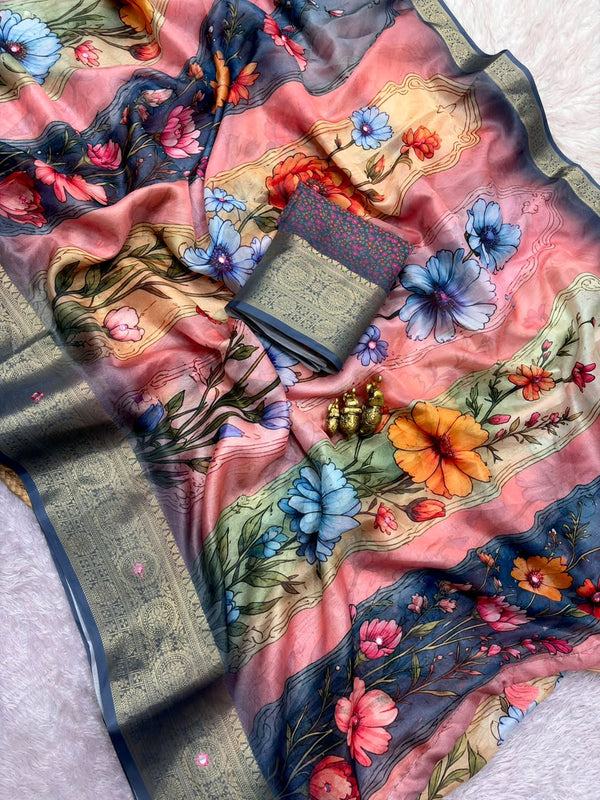 Floral Printed Designer Saree for Women with Rich Banarasi Zari Border | Elegant Festive & Party Wear Saree