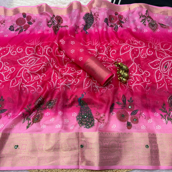 Traditional Bandhani Print Saree for Women with Peacock Motifs & Rich Zari Border | Festive Ethnic Wear Saree
