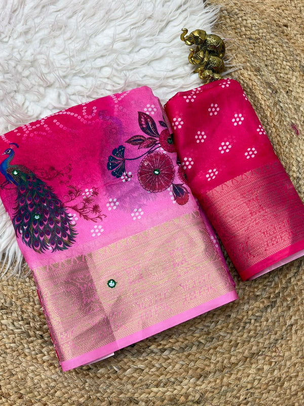 Traditional Bandhani Print Saree for Women with Peacock Motifs & Rich Zari Border | Festive Ethnic Wear Saree