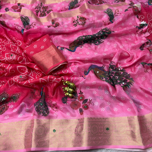 Traditional Bandhani Print Saree for Women with Peacock Motifs & Rich Zari Border | Festive Ethnic Wear Saree