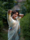 Premium Weaving Patta Linen Cotton Silver Saree | Elegant Lightweight Designer Saree with Printed Pallu | Traditional Ethnic Wear for Women