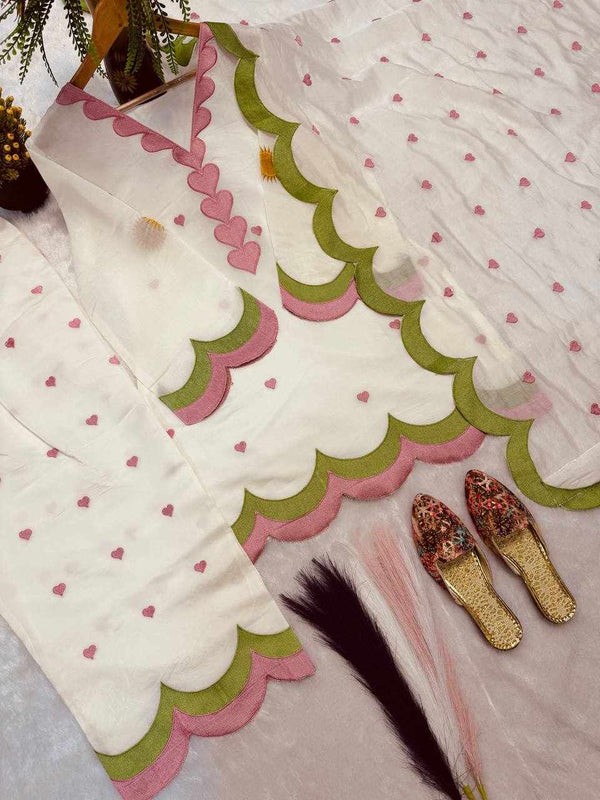 White Pink Cotton Suit Set for Women | Kurta Palazzo Dupatta