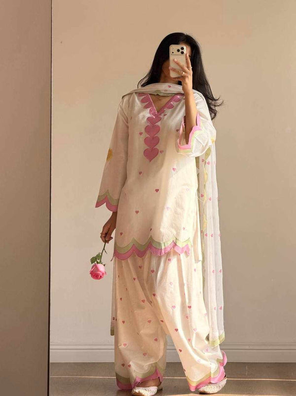 White Pink Cotton Suit Set for Women | Kurta Palazzo Dupatta