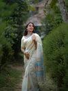 Premium Weaving Patta Linen Cotton Silver Saree | Elegant Lightweight Designer Saree with Printed Pallu | Traditional Ethnic Wear for Women