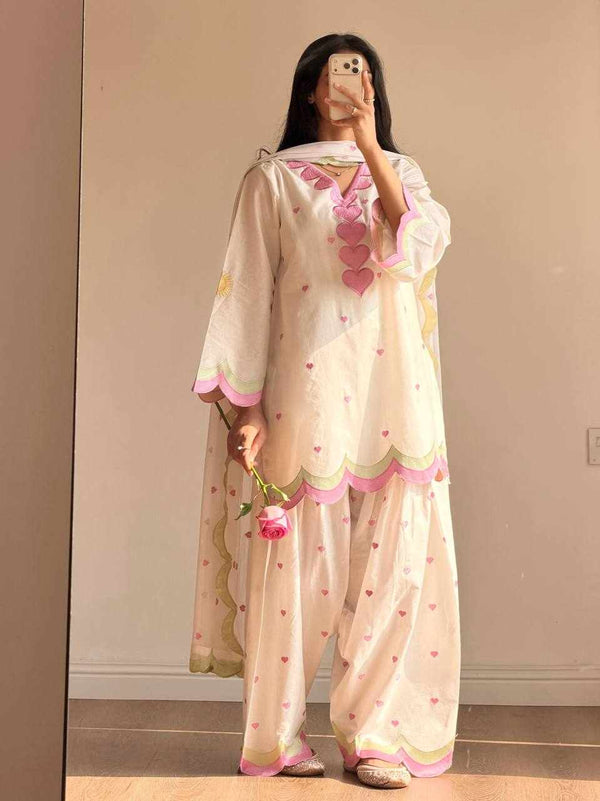 White Pink Cotton Suit Set for Women | Kurta Palazzo Dupatta