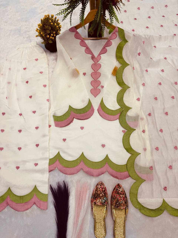 White Pink Cotton Suit Set for Women | Kurta Palazzo Dupatta