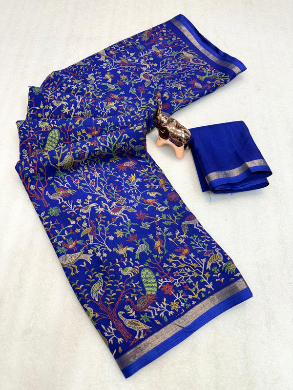 Tussar Silk Printed Saree with Peacock & Floral Motifs | Designer Ethnic Saree for Women