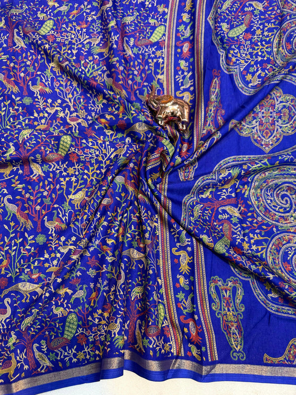 Tussar Silk Printed Saree with Peacock & Floral Motifs | Designer Ethnic Saree for Women