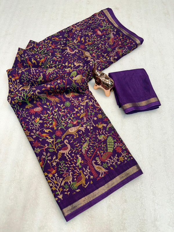 Tussar Silk Printed Saree with Peacock & Floral Motifs | Designer Ethnic Saree for Women