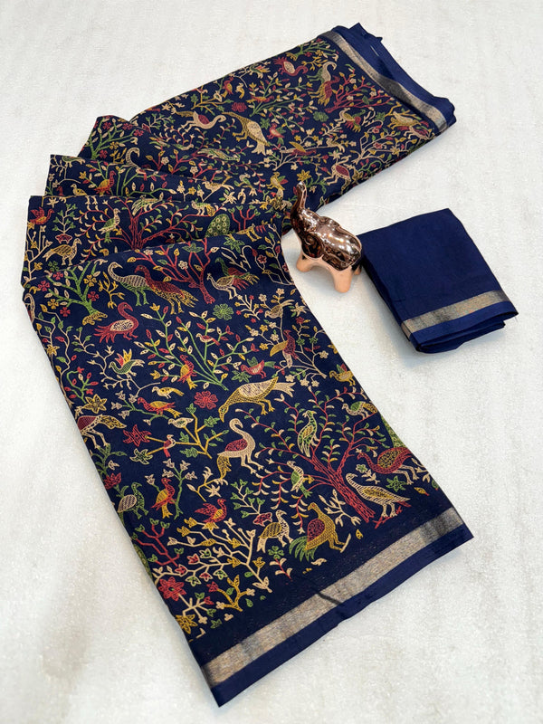 Tussar Silk Printed Saree with Peacock & Floral Motifs | Designer Ethnic Saree for Women