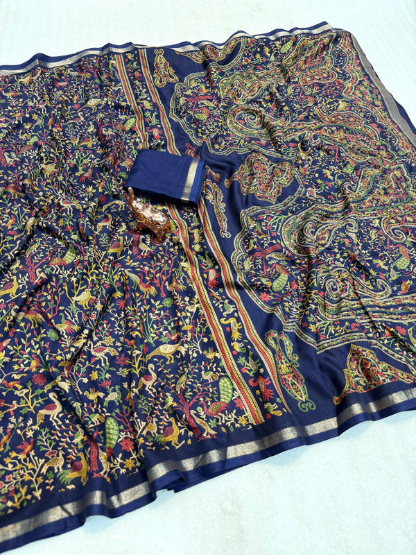 Tussar Silk Printed Saree with Peacock & Floral Motifs | Designer Ethnic Saree for Women