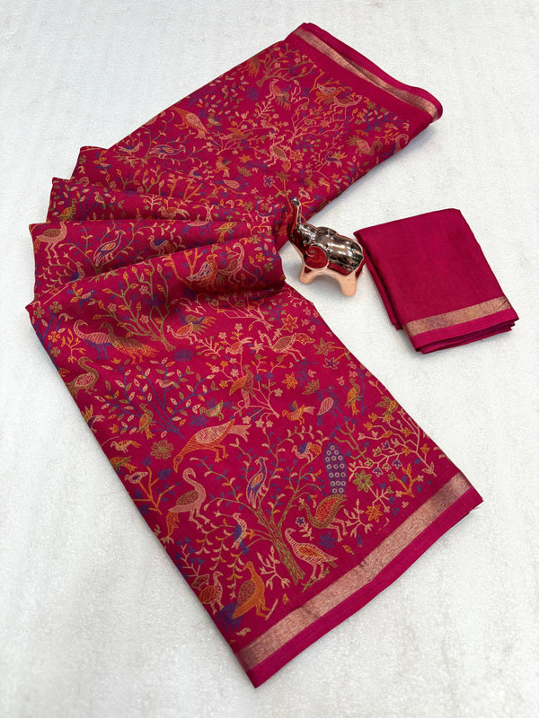 Tussar Silk Printed Saree with Peacock & Floral Motifs | Designer Ethnic Saree for Women