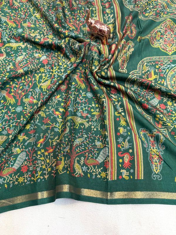 Tussar Silk Printed Saree with Peacock & Floral Motifs | Designer Ethnic Saree for Women