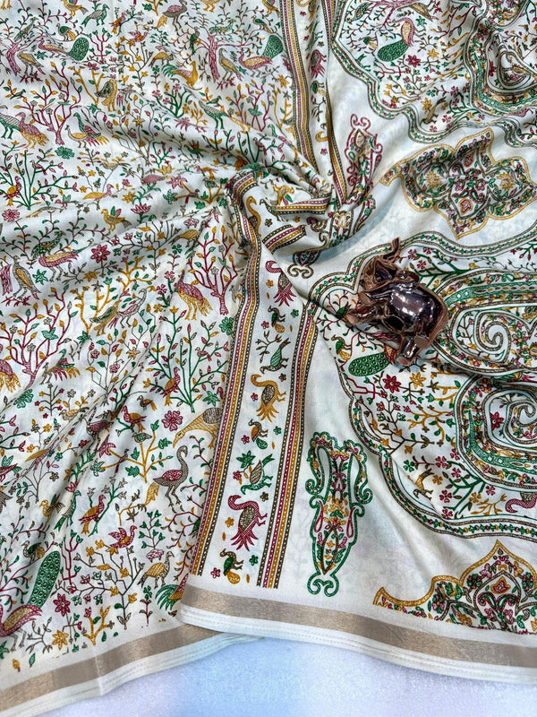 Tussar Silk Printed Saree with Peacock & Floral Motifs | Designer Ethnic Saree for Women