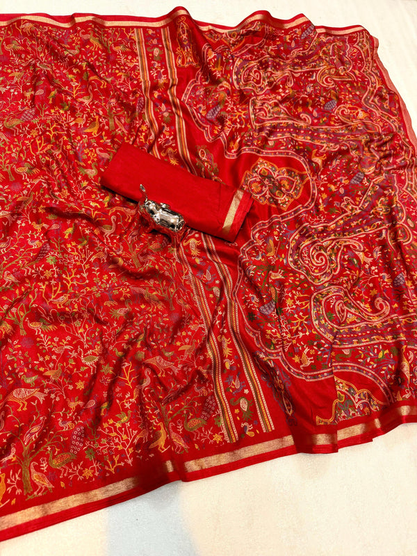 Tussar Silk Printed Saree with Peacock & Floral Motifs | Designer Ethnic Saree for Women