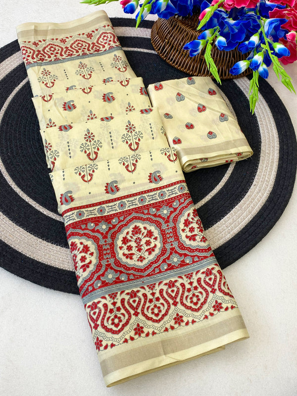 Mul Cotton Printed Saree for Women | Elegant Traditional Floral & Paisley Print Saree