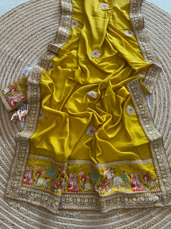 Vichitra Silk Embroidered Saree for Women | Designer Silk Saree with Embroidery Border
