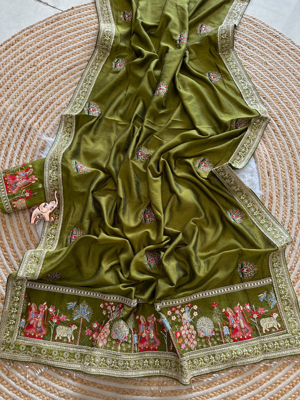 Vichitra Silk Embroidered Saree for Women | Designer Silk Saree with Embroidery Border