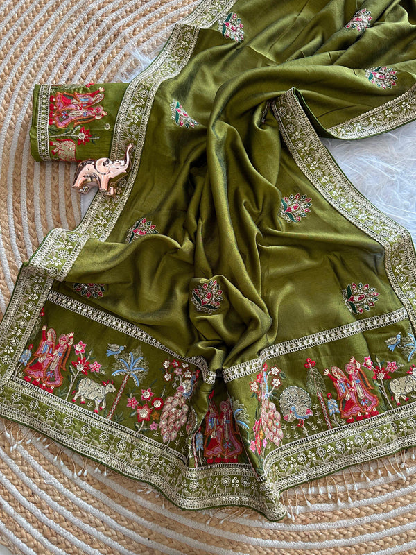 Vichitra Silk Embroidered Saree for Women | Designer Silk Saree with Embroidery Border