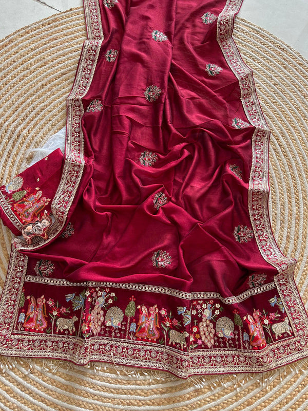 Vichitra Silk Embroidered Saree for Women | Designer Silk Saree with Embroidery Border
