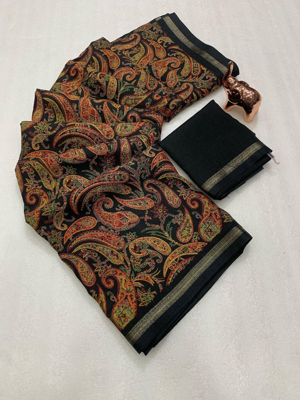 Tussar Silk Paisley Printed Saree for Women | Multicolor Printed Silk Saree