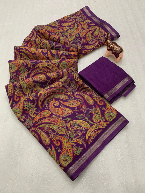 Tussar Silk Paisley Printed Saree for Women | Multicolor Printed Silk Saree