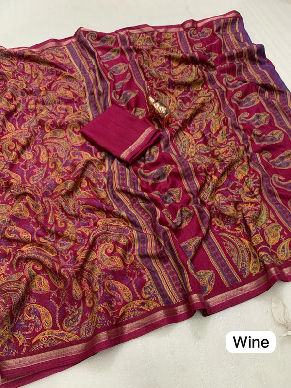 Tussar Silk Paisley Printed Saree for Women | Multicolor Printed Silk Saree